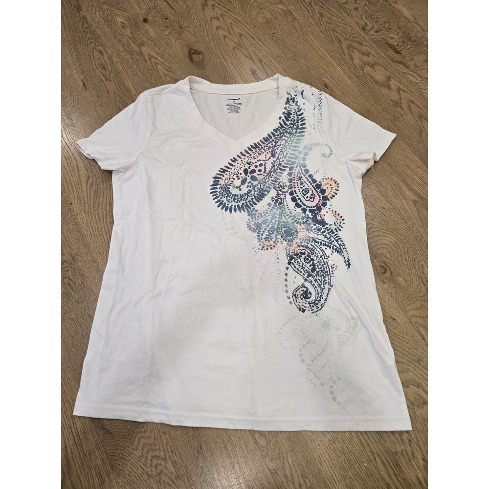 Celebration Womens White Paisley Graphic V-Neck Short Sleeve T-Shirt Size M